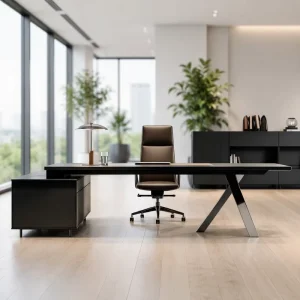 Modern Minimalist Executive Office Desk With Return Cabinet Storage Shelving Geometric Panel For Commercial Office Furniture