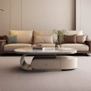 Modern Minimalist Extendable Eco Friendly Coffee Table Sintered Stone Top Hidden Storage Drawer Metal Base Home Living