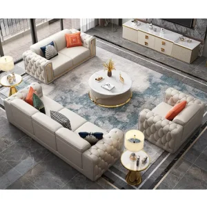 Modern Minimalist High End White Gold L Shaped Leather Sofa Set 1 2 3 Seater Living Room Set