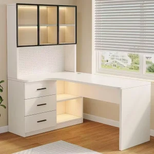 Modern Minimalist L Shaped Corner Desk with Pegboard Integrated Bookshelf Computer Desk for Bedroom Home Office Study