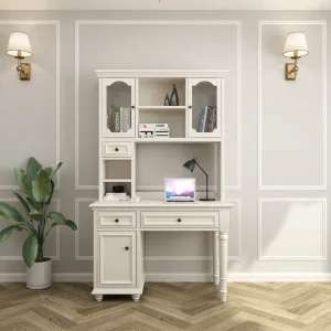 Modern Minimalist L Shaped Desk with Bookshelf White Wooden Corner Computer Desk with Storage Drawers for Home Office