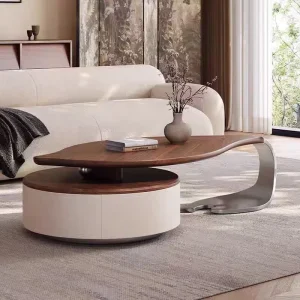 Modern Minimalist Leaf Solid Wood Art Coffee Table with Antique Saddle Leather and Storage Space