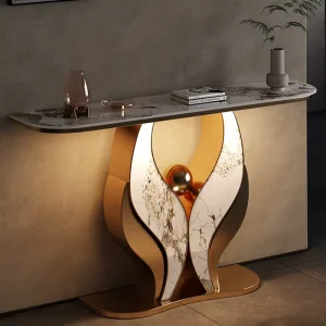 Modern Minimalist Living Room Entry Hotel Console Table Sintered Stone Top Gold Metal LED