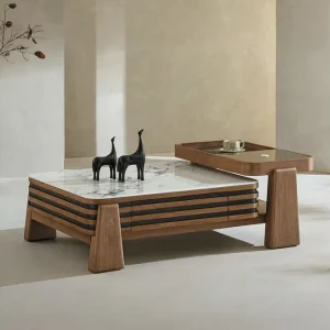 Modern Minimalist Rectangular Coffee Table with Marble Top and Storage for Villa Living Room