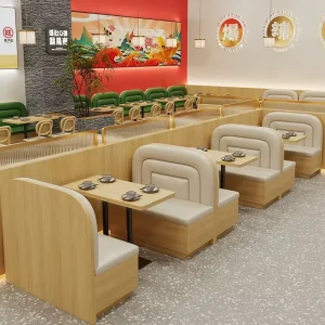 Modern Minimalist Restaurant Booth Seating with Tiered Arc Backrest and Wood Grain Base for Cafe Restaurant Sofa