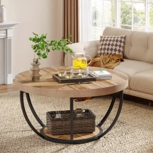 Modern Minimalist Round Coffee Table with Metal Frame and Solid Wood Construction Storage Rack Living Room Furniture