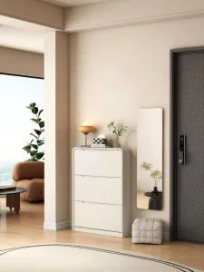 Modern Minimalist Shoe Cabinet Three Drawers White Finish Space Saving Eco Friendly Durable Adjustable High Living Room Dining