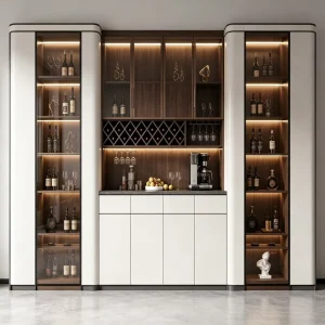 Modern Minimalist Solid Oak Wood LED Wine Cabinet Home Bar Sideboard Wine Rack Coffee Station Storage 10 24 Stemware Capacity