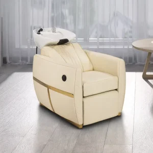 Modern Minimalist Solid Wood Salon Semi Reclining Electric Lifting Shampoo Bed Ceramic Basin Massage Feature for Hair Salons