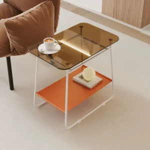 Modern Minimalist Tempered Glass Side Table with Storage for Small Homes Living Room Sofa End Table Bedside Shelf & Office Use