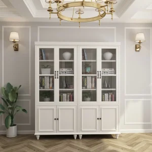 Modern Minimalist White Solid Wood Bookcase Large Capacity Storage Cabinet with Glass Doors for Bedroom & Study