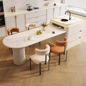Modern Minimalist Wooden Arc Stone Island Dining Table Integrated Extendable Sink Tea Pouring Bar Multifunctional