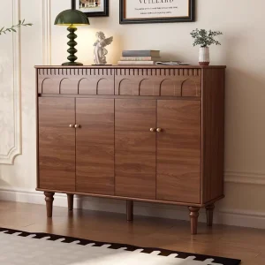 Modern Minimalist Wooden Shoe Cabinet Four Door Storage with Turned Legs Aesthetic Living Room Decor