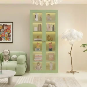 Modern Mint Green Metal Bookshelf Tempered Glass Doors French Style Adjustable Height Steel Display Cabinet for Home Living Room