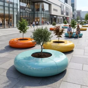 Modern Modular Circular Fiberglass Bench Outdoor Vibrant Color FRP Seating Hospital School Entry 4 Seater