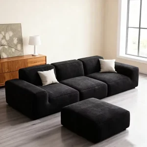 Modern Modular Sectional Sofa Black Velvet Large L U Shaped Couch (Tofu Block Design) with Ottoman for Living Room