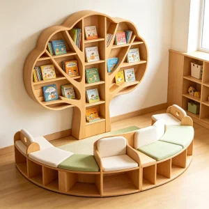 Modern Montessori Nursery Wood Reading Corner Tree Shaped Bookshelf Seats Eco-Friendly Durable Safety Easy Assembly Furniture