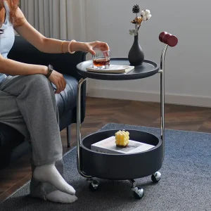 Modern Movable Rolling Storage Coffee Table with Wood & Metal Frame Wheeled End Table for Bedroom Hotel Balcony