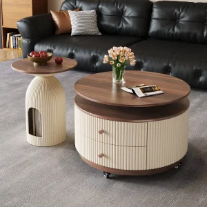 Modern Movable Round Coffee Table Set Living Room Storage Center Table with Wheel Cream Style Wooden Coffee Table Set