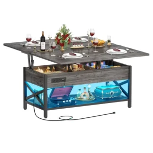 Modern Multi Function LED Light Coffee Table with Lift Top Adjustable Height Center Table for Home Office Living Room