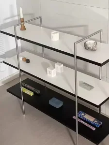 Modern Multi-Layered Stainless Steel Floor Standing Storage Unit Open Back Design Bookshelf Style Display Shelves for Living