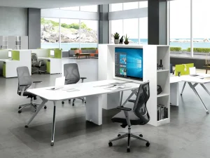 Modern Multi function Conference Table Melamine Laminated MDF TV Storage Shelf Cable Holes V Shaped Metal Legs Training Board