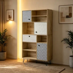 Modern Multi functional Living Room Bedroom Wooden Bookcase with Display Shelves Space Saving Storage and Back Panel