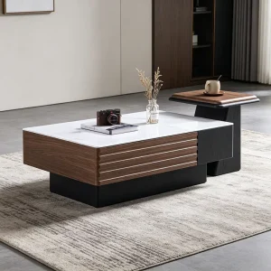 Modern Multifunction Coffee Table with Double Drawers PVC Wood Finish Microcrystalline Stone Top and Matching Side Table