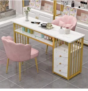 Modern Nail Table Metal Frame Wood Table Top Nail Art Technology Nail Salon Station Manicure Nail Bar Beauty Storage