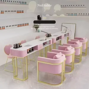 Modern Nail Table Set with Gold Metal Legs and Pink Velvet Trim