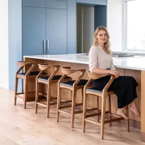 Modern Natural Oak Wood Bar Stool with Dark Faux Leather Seat and Y Shaped Open Backrest