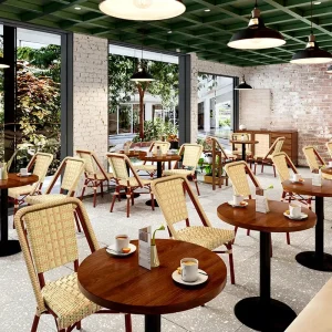 Modern Natural Style Commercial Restaurant Furniture Set with Round Wooden Tables Woven Rattan Chairs for Coffee Shops & Hotels