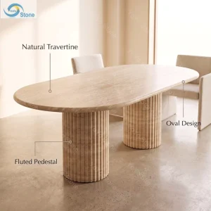 Modern Natural Travertine Oval Dining Table Fluted Pedestal Base Luxury Stone Furniture for Hotel Villa Custom