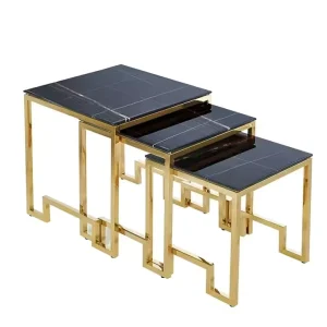 Modern Nest of 3 Glass Table Top Coffee Table Set with Golden Stainless Steel Legs Home Furniture