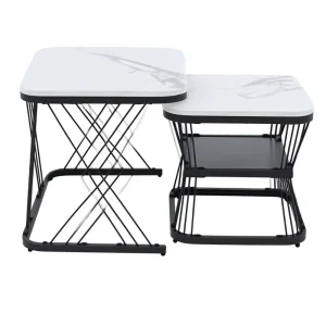 Modern Nested Coffee Tables Set of 2 Marble Pattern Side Tables Space Saving Living Room Furniture Double Layer Storage Tables
