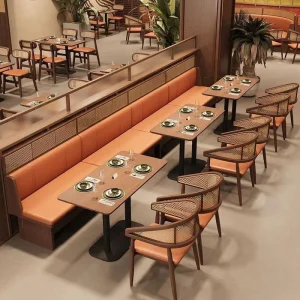 Modern New Chinese style Themed Restaurant Solid wood Tables Chairs Metal Frame Internet famous Hotpot Milk Tea Booth Sofa Set