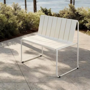Modern Nordic 95cm Wide Outdoor Bench 2 Seater Loveseat Sled Base Slatted Metal Patio Chair For Garden Balcony Terrace
