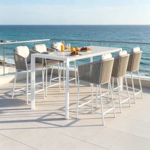 Modern Nordic American Style Restaurant Outdoor Bar Furniture Rattan Wicker Patio Garden Bar Stools Rope Aluminium Metal Set