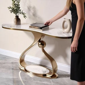 Modern Nordic Artistic Irregular Curved Marble Top Black Metal Creative Base Hotel Hallway Entryway Living Room Console Table