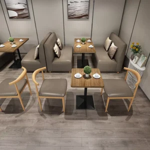 Modern Nordic Cafe Furniture Set Elegant Cow Horn Chairs and Wood Grain Pedestal Tables Modular Restaurant Sofa Booths