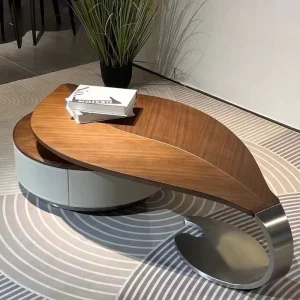 Modern Nordic Leaf Shaped Coffee Table with Stainless Steel Base Drawer for Home Living Room