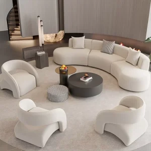 Modern Nordic Luxury Apartment Living Room Curved Modular Sectional Sofa Set 3 Seater Wooden Fabric Space Saving
