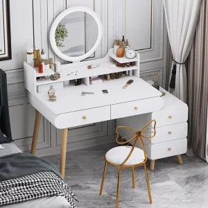Modern Nordic Luxury Dressing Table Makeup Vanity Desk Solid Wood Legs Storage Shelves Eco Friendly Space Saving Living Room