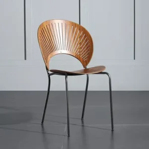 Modern Nordic Plywood Dining Chair Fan Slotted Back Black Metal Leg Cafe Bistro Restaurant Armless Chair
