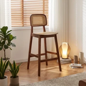 Modern Nordic Solid Wood Adjustable Bar Stool Rattan Weaving Wabi Sabi Bar Chair Commercial Hotel Dining Chair with Backrest