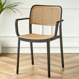 Modern Nordic White PP Plastic Dining Chair Waterproof Armchair with Faux Rattan Backrest and Seat for Garden Cafe Restaurant
