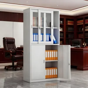 Modern Office Cabinet with Glass Doors Sleek Steel Frame Space Saving Storage Cabinet for Contemporary Office Reception Area