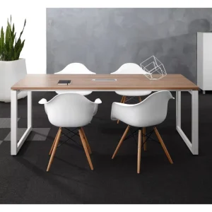 Modern Office Conference Table Rectangular Meeting Desk with White Metal Frame & Wooden Top 6 8 Person Workstation for Boardroom
