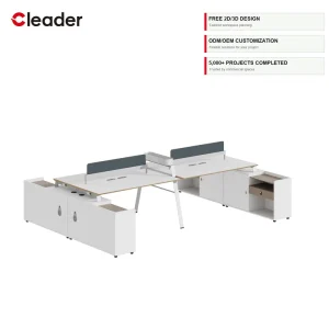 Modern Office Desk with White Top Built in Storage and Copper A Leg Design for 4 People