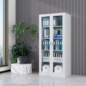 Modern Office File Cabinet Full Glass Doors High Security Lock Adjustable Shelves Metal Construction Silent